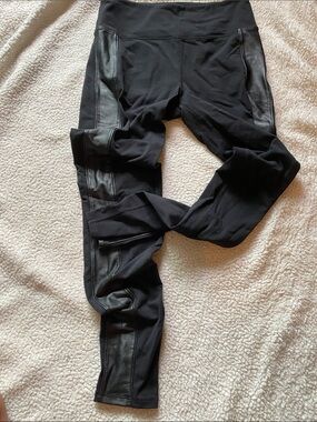 Athleta Black Jogger Leggings with Faux-Leather Side Panels